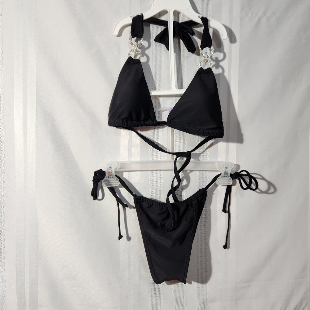 WOMEN'S SEXY 2PC BIKINI MIX AND MATCH BLACK WITH SILVER  SIZE LARGE